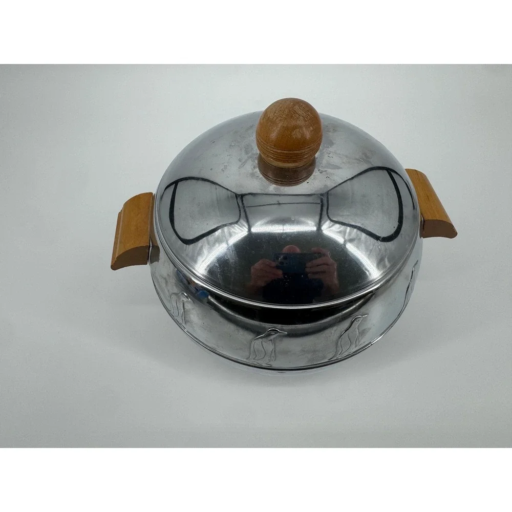 Art Deco Chrome Penguin Ice Bucket Hot Cold Server Wood MCM Vintage West Bend